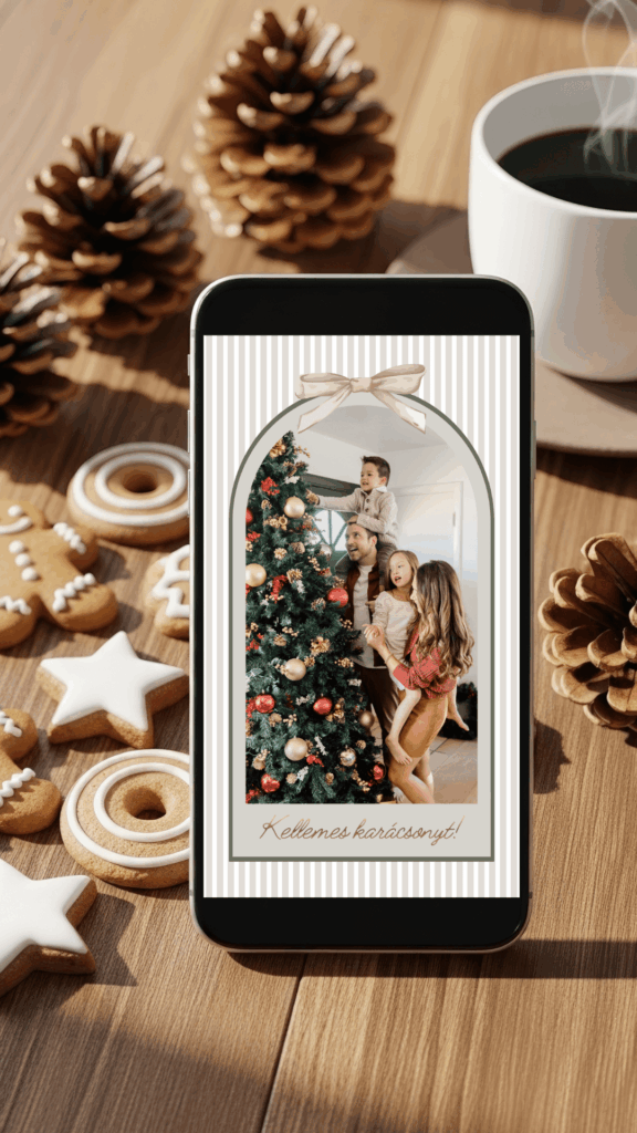 Digitális karácsonyi képeslap saját fotóval - gömbös e-képeslap Canva sablon