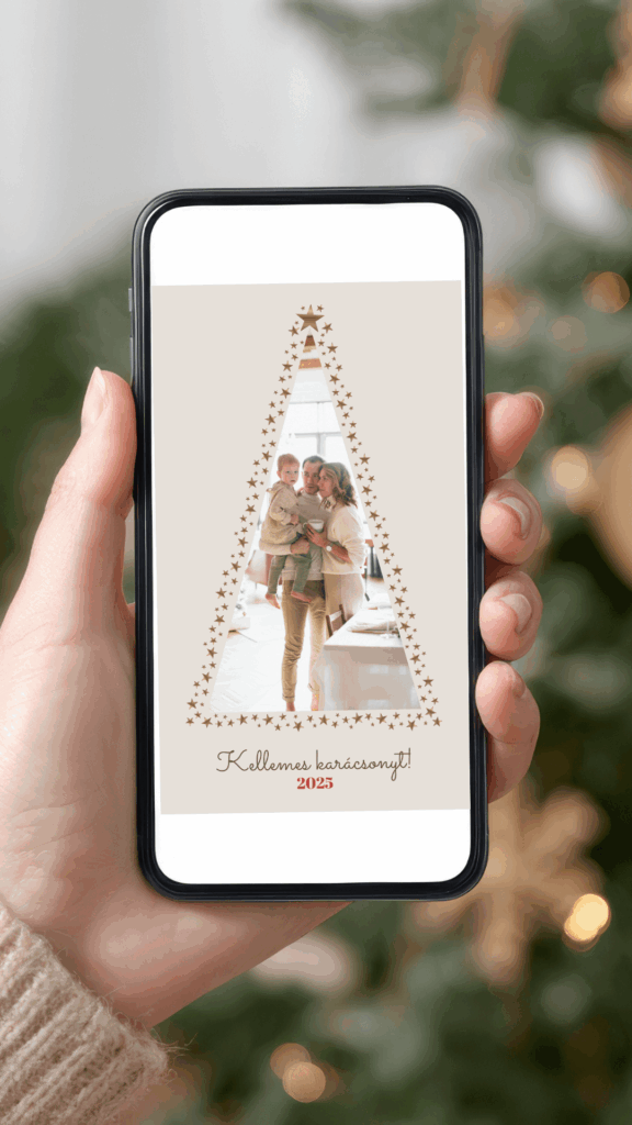 Digitális karácsonyi képeslap saját fotóval - elegáns e-képeslap Canva sablon