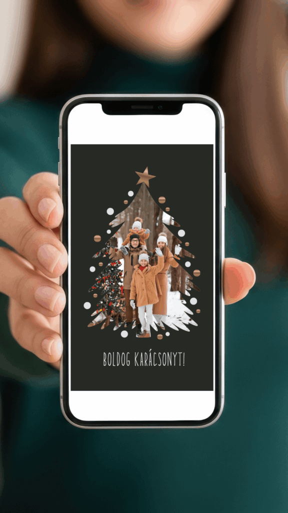 Digitális karácsonyi képeslap saját fotóval - karácsonyfa formájú e-képeslap Canva sablon