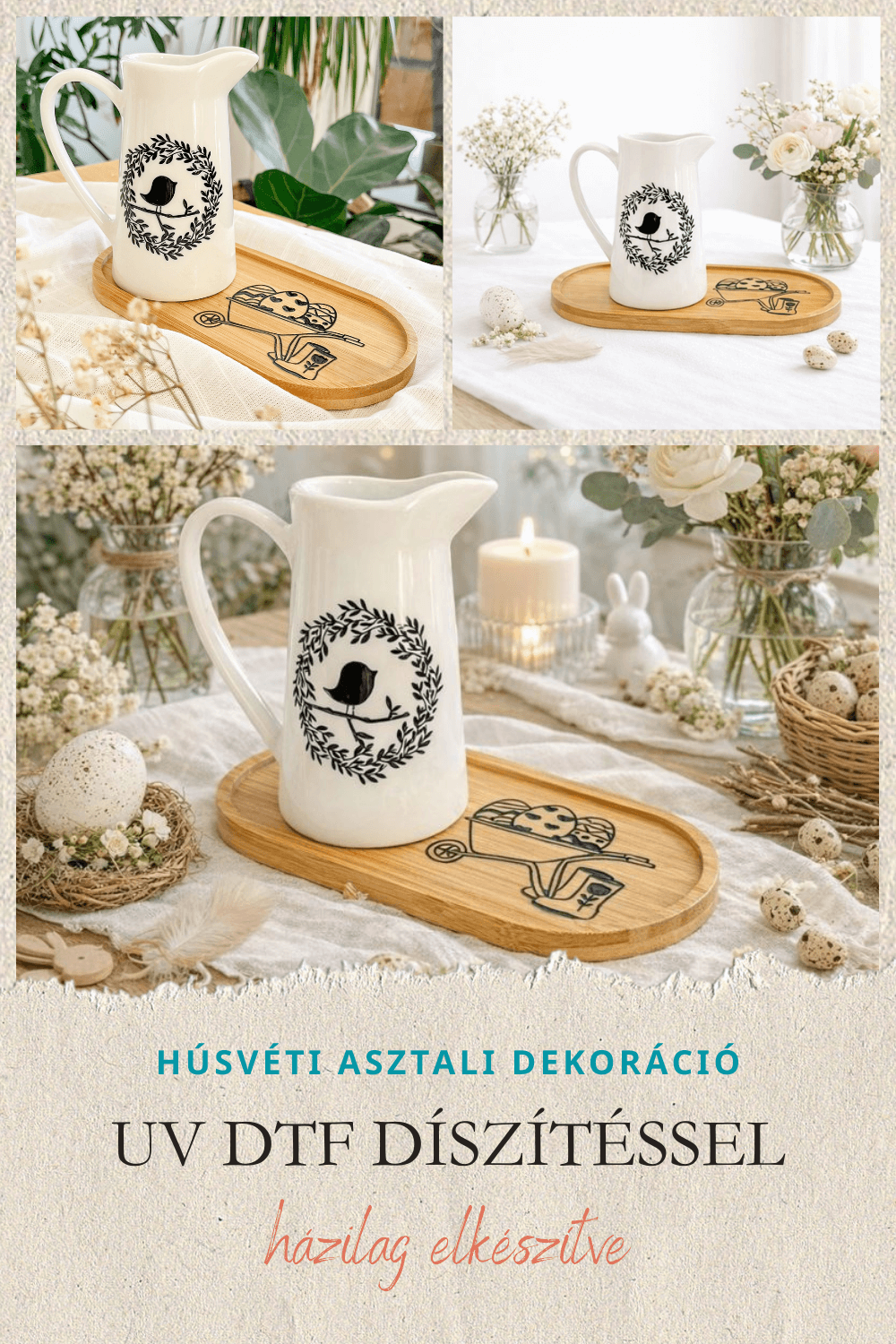 HÚSVÉTI ASZTALI DEKORÁCIÓ HÁZILAG – KERÁMIA KIÖNTŐ ÉS FA TÁLCA UV DTF MATRICÁVAL