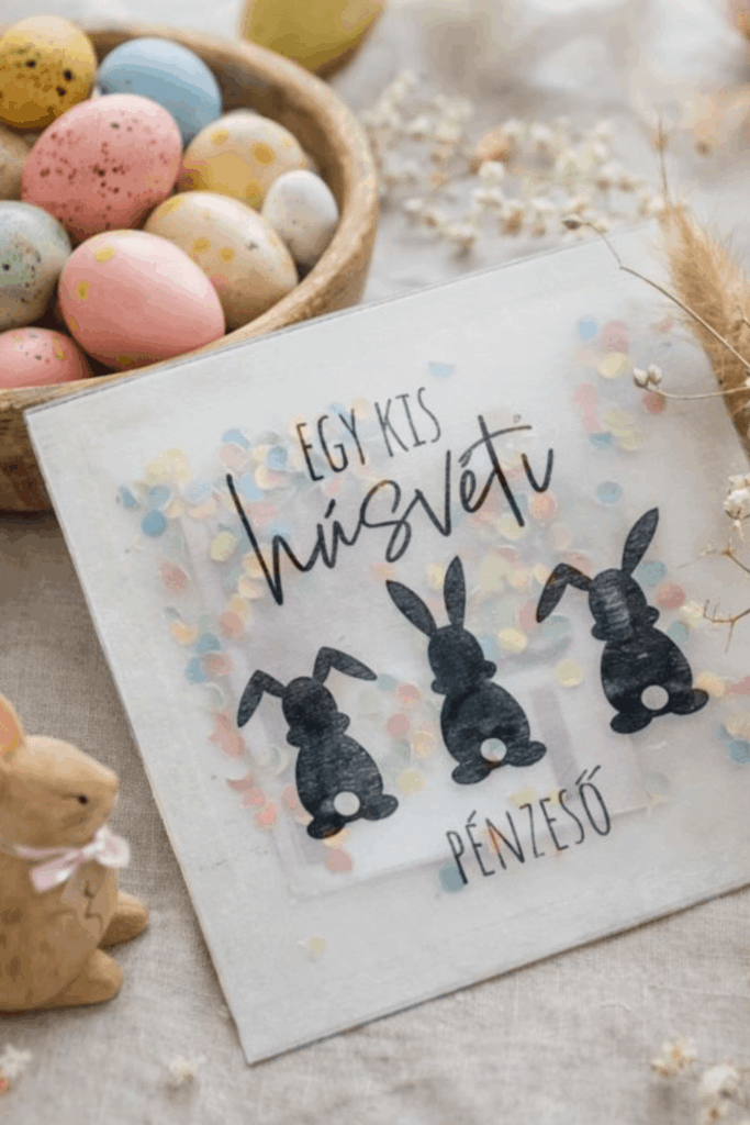 Húsvéti nyuszis pénzátadó képeslap sablon