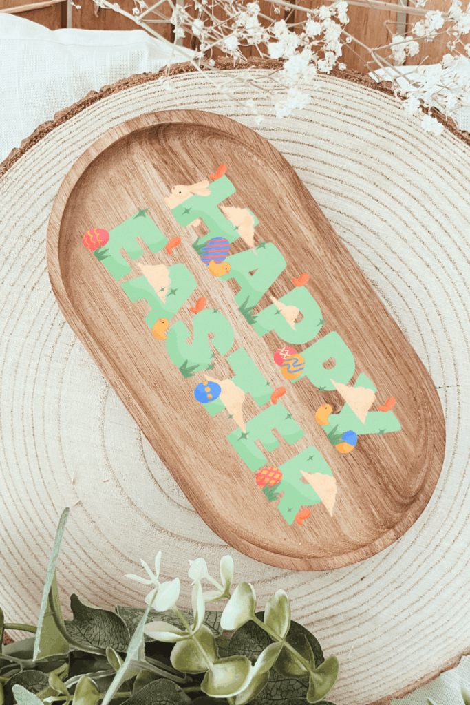 Húsvéti UV DTF matricával díszített fa tálca - húsvéti dekoráció