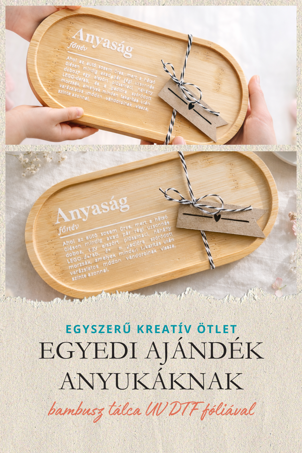 EGYEDI AJÁNDÉK ANYUKÁKNAK – BAMBUSZ TÁLCA UV DTF MATRICÁVAL