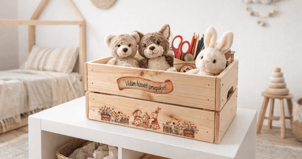 Húsvéti ajándék doboz – IKEA fa tároló díszítése UV DTF fóliával