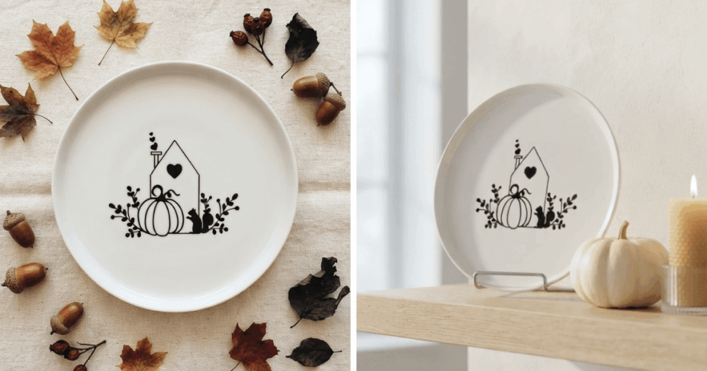 Őszi dísztányér házilag – sütőtökös kerámia tányér Cricut vinyllel