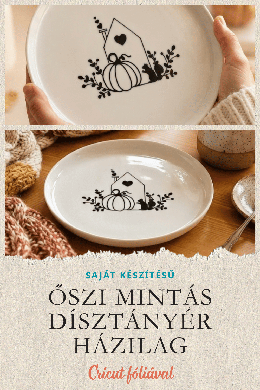 Őszi dísztányér házilag – sütőtökös kerámia tányér Cricut vinyllel