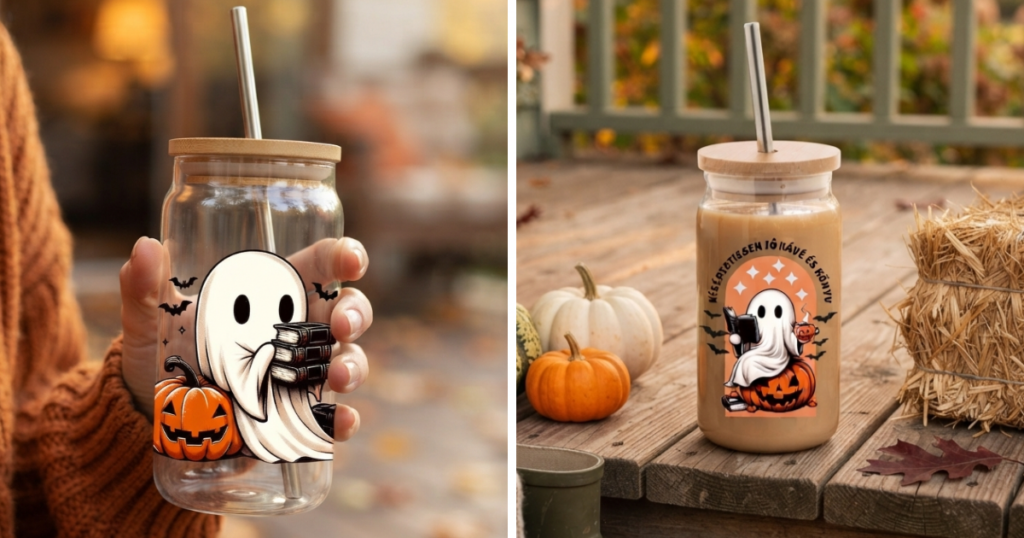 HALLOWEEN POHÁR HÁZILAG – SZELLEMES ÜVEGPOHÁR UV DTF MATRICÁVAL